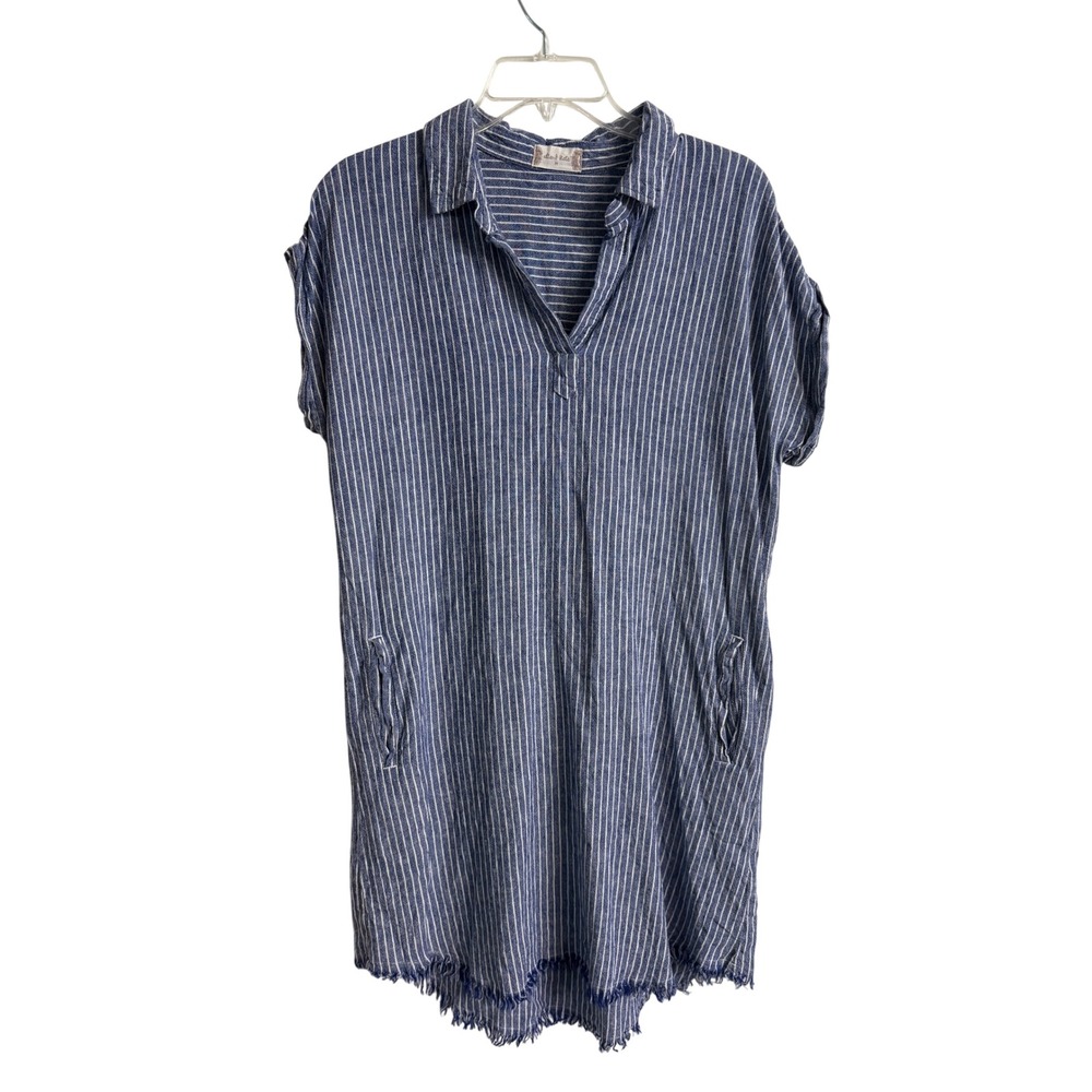 Altar'd State Day Tripper Blue White Striped Linen Blend Frayed Hem Dress M Boho
